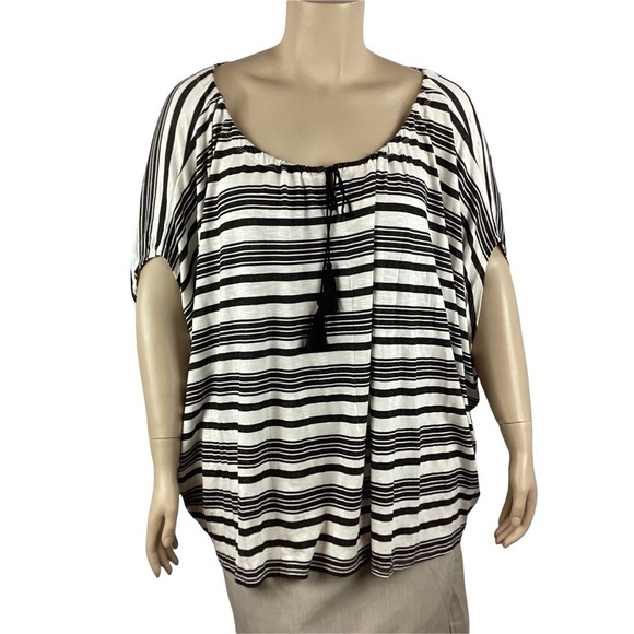 Lane Bryant Dolman Sleeve Striped Top Size 18/20 Black White Tie Neck - Picture 1 of 7